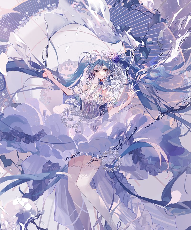 blue_hair cherry_blossoms dress flower garter_straps hair_ornament hatsune_miku long_hair mamenomoto red_eyes rose snow solo thighhighs very_long_hair vocaloid white_dress white_thighhighs