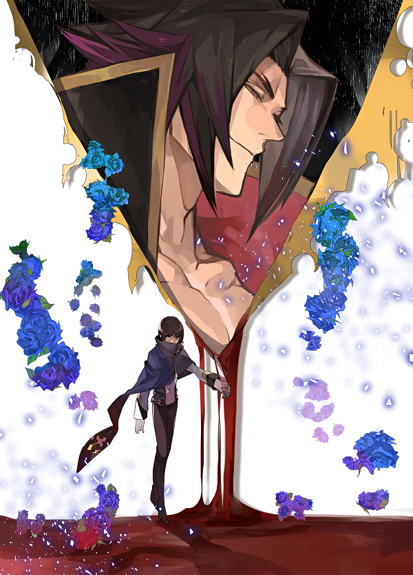 black_hair blazblue blazblue:_central_fiction blood eyebrows flower forked_eyebrows gloves hibiki_kohaku hyakuhachi_(over3) kagura_mutsuki multiple_boys white_background yellow_eyes
