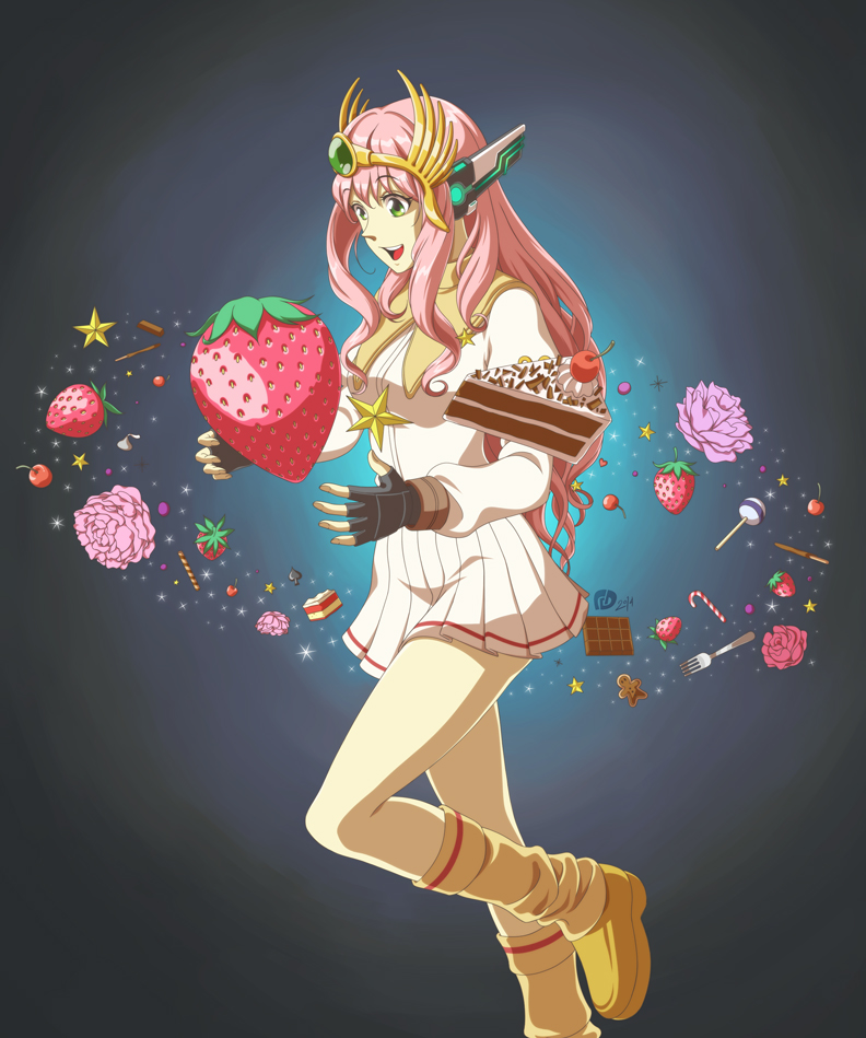 1girl black_gloves breasts brown_shoes brown_socks cake cake_slice candy candy_cane cherry chocolate chocolate_bar chupa_chups circlet cokeboy commentary commission english_commentary fingerless_gloves flower food foot_out_of_frame fork fruit game_master_(ragnarok_online) gloves green_eyes grey_background lollipop long_hair long_sleeves medium_breasts open_mouth pink_flower pink_rose pleated_skirt ragnarok_online robot_ears rose shirt shoes skirt smile socks solo standing standing_on_one_leg star_(symbol) strawberry white_shirt white_skirt