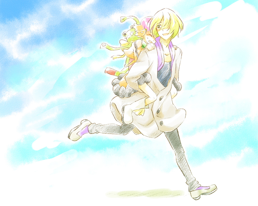 10s 1boy 1girl aquarion_(series) aquarion_evol bad_id bad_pixiv_id blonde_hair blush carrying coat doll dress closed_eyes gradient_hair hair_ornament jin_musou multicolored_hair orange_hair purple_hair running saiba_(henrietta) short_hair smile stuffed_animal stuffed_toy tama_(aquarion) yunoha_thrul
