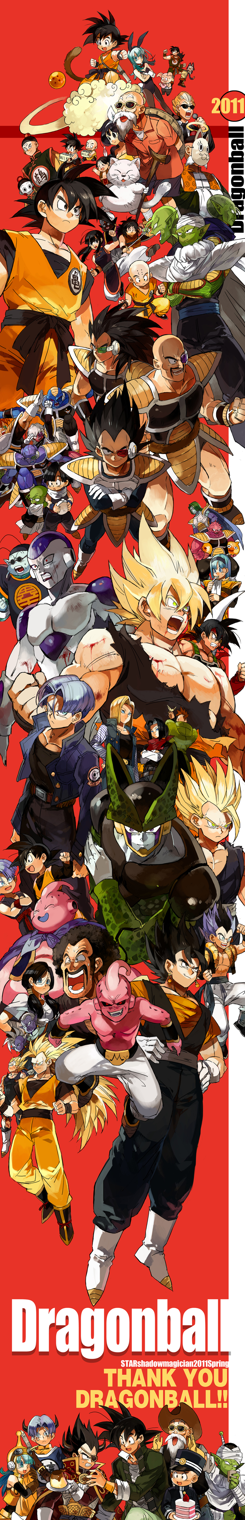6+boys 6+girls :d absurdres alien android_16 android_17 android_18 animal_ears announcer_(dragon_ball) armor bald bardock beard black_hair black_leotard blonde_hair blood blue_hair boots bulma burter cake captain_ginyu cell_(dragon_ball) chaozu chi-chi_(dragon_ball) clenched_teeth colored_skin copyright_name cowboy_hat creator_connection cross_epoch crossed_arms crossover dende dodoria dragon_ball dragon_ball_(object) dragon_quest dragonball_z english_text everyone eyepatch facial_hair fake_animal_ears final_form_frieza flying_nimbus food frieza ginyu_force ginyu_force_pose gloves gotenks grandpa_gohan green_skin hat highres jeice kaioushin kami-sama_(dragon_ball) karin_(dragon_ball) kibito kid_buu korin_(dragonball) kuririn leotard long_image lunch_(dragon_ball) lunch_(good)_(dragon_ball) majin_buu mask mister_popo mr._satan multiple_boys multiple_girls muscular muten_roushi nappa north_kaiou old old_man oolong open_mouth pantyhose piccolo piccolo_daimaou pink_skin playboy_bunny puar rabbit_ears raditz recoome scouter shin_(dragon_ball) slime_(creature) smile son_gohan son_goku son_goten spiked_hair starshadowmagician sunglasses super_saiyan super_saiyan_1 super_saiyan_2 super_saiyan_3 tail tall_image teeth tenshinhan thank_you third_eye timeskip torn_clothes trunks_(dragon_ball) trunks_(future)_(dragon_ball) turtle_shell twintails upa_(dragon_ball) vegeta vegetto videl when_you_see_it yajirobe yamcha zarbon