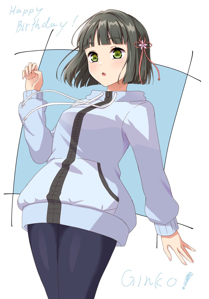 1girl :o black_hair black_leggings blue_background blue_jacket blunt_bangs blunt_ends blush border character_name commentary_request cowboy_shot drawstring flower flower_knot green_eyes hair_flower hair_ornament happy_birthday highres jacket leggings link!_like!_love_live! long_sleeves love_live! momose_ginko momose_ginko_(winter_training_wear) official_alternate_costume open_mouth outside_border puffy_long_sleeves puffy_sleeves qy73 short_hair simple_background solo virtual_youtuber white_border