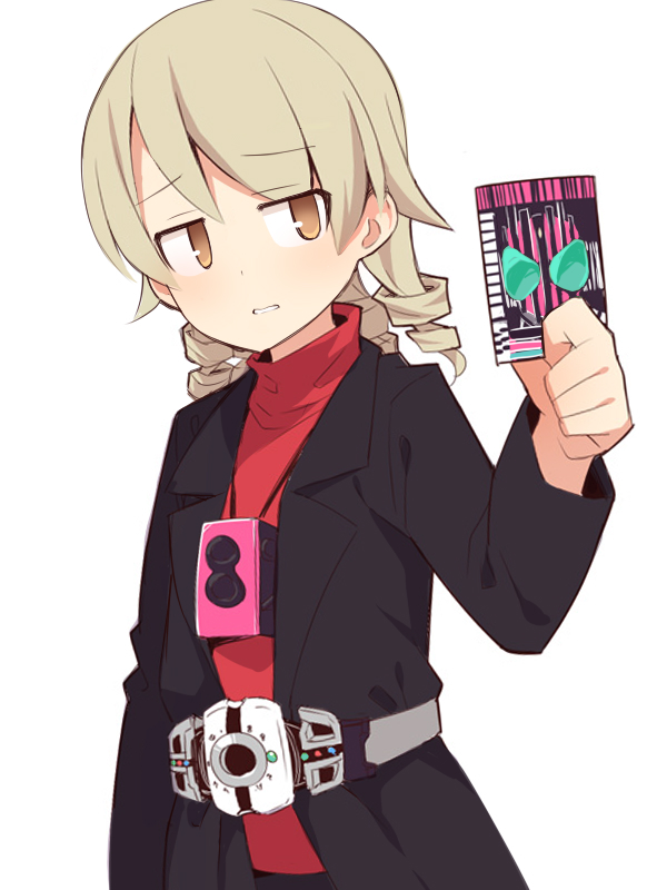 1girl belt black_jacket blush brown_eyes brown_hair card cosplay decadriver hair_between_eyes holding holding_card idolmaster idolmaster_cinderella_girls jacket kadoya_tsukasa kadoya_tsukasa_(cosplay) kamen_rider kamen_rider_dcd kamen_rider_decade long_hair long_sleeves looking_at_viewer morikubo_nono open_clothes open_jacket parted_lips red_shirt revision ringlets shirt simple_background solo sweat turtleneck uccow upper_body white_background
