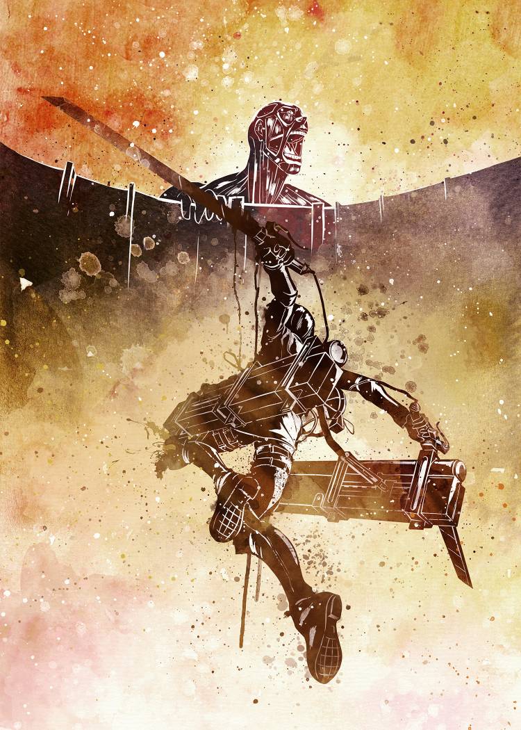 back boots commentary english_commentary eren_yeager full_body holding holding_weapon open_mouth painting_(medium) paradis_military_uniform penelope_paws shingeki_no_kyojin three-dimensional_maneuver_gear titan_(shingeki_no_kyojin) traditional_media watercolor_(medium) weapon
