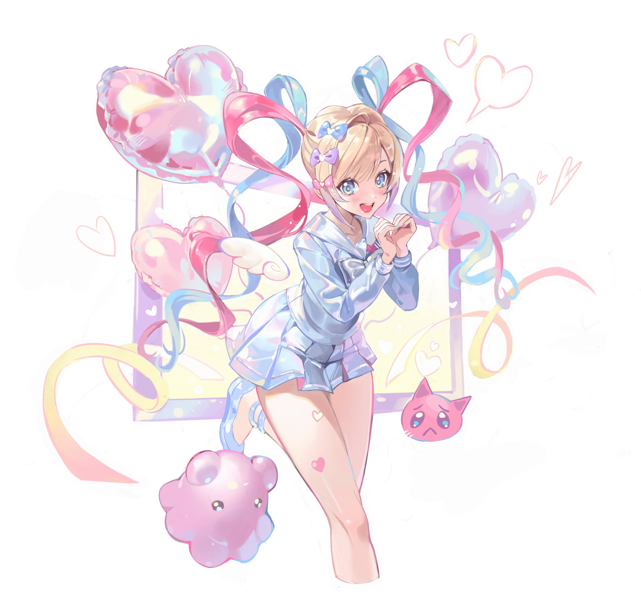 1girl balloon blue_eyes chouzetsusaikawa_tenshi-chan coloringday heart heart_balloon heart_hands highres needy_girl_overdose school_uniform serafuku