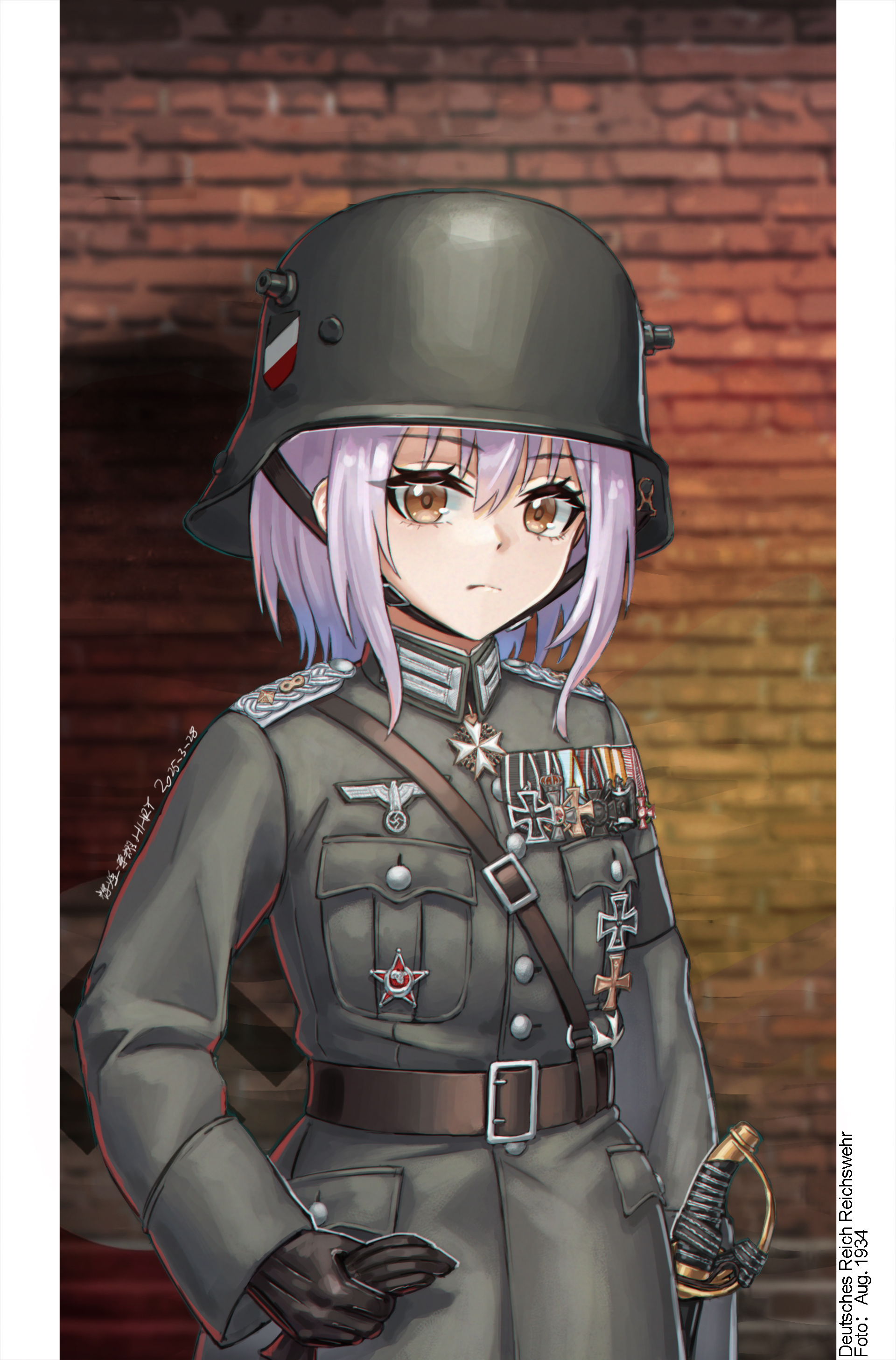 1girl absurdres artist_name belt bilingual_commentary black_gloves closed_mouth combat_helmet cowboy_shot cross dated girls'_frontline gloves green_jacket hair_between_eyes helmet highres holding holding_gloves holding_unworn_clothes huihuang_rongyao iron_cross jacket long_sleeves looking_at_viewer medium_hair military_uniform mixed-language_commentary nazi nazi_flag p08_(girls'_frontline) reichsadler solo sword unworn_gloves weapon wehrmacht white_hair yellow_eyes