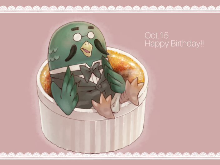 ! !! 1boy animal_crossing apron bird bow bowtie brewster_(animal_crossing) dated facial_hair feathers formal_clothes glasses happy_birthday male_focus mustache nintendo open_mouth pigeon sitting solo suit tsutsuji_(hello_x_2)