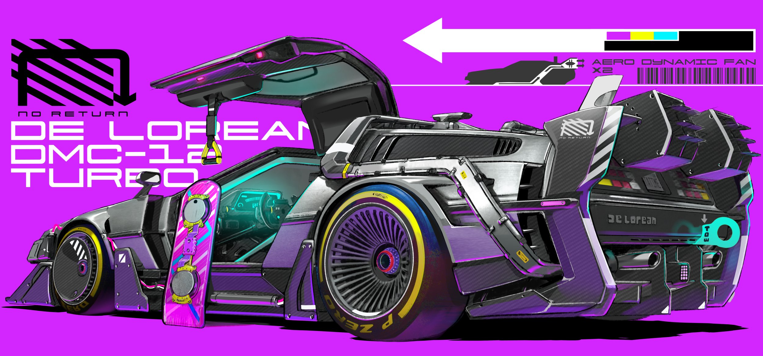 afukuro back_to_the_future barcode car delorean english_text gullwing_doors highres hoverboard logo magenta_background motor_vehicle no_humans original purple_background simple_background time_machine vehicle_focus