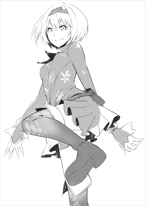1girl boots breasts closed_mouth commentary_request dress floral_print foot_out_of_frame gajuumaru greyscale hair_between_eyes long_sleeves looking_at_viewer medium_breasts monochrome saronia_a_irivika see-through_clothes see-through_dress see-through_sleeves short_dress short_hair simple_background smile solo standing standing_on_one_leg thigh_boots thighhighs thighs toaru_majutsu_no_index toaru_majutsu_no_index:_new_testament white_background zettai_ryouiki