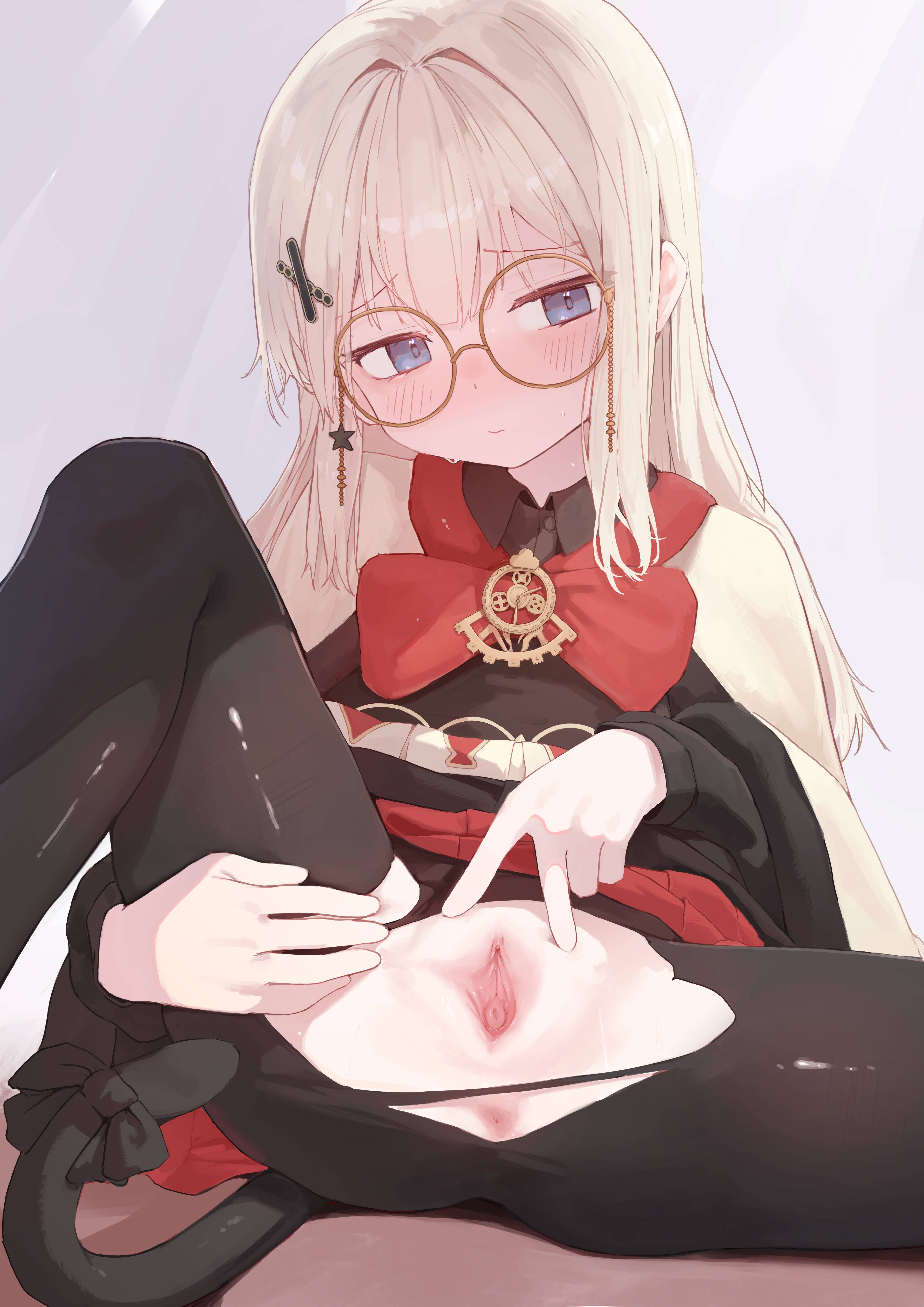 1girl absurdres anus artist_request black_dress black_pantyhose black_tail blonde_hair blue_eyes blush bow bowtie capelet cat_tail closed_mouth commentary_request commission dress eyewear_strap fur-trimmed_capelet fur-trimmed_dress fur_trim glasses hair_ornament highres knee_up korean_commentary long_hair long_sleeves looking_at_viewer original pantyhose pussy red_bow red_bowtie red_skirt round_eyewear second-party_source shai_(black_desert) sitting skirt solo spread_pussy spreading_own_pussy tail tail_bow tail_ornament torn_clothes torn_pantyhose uncensored white_capelet x_hair_ornament