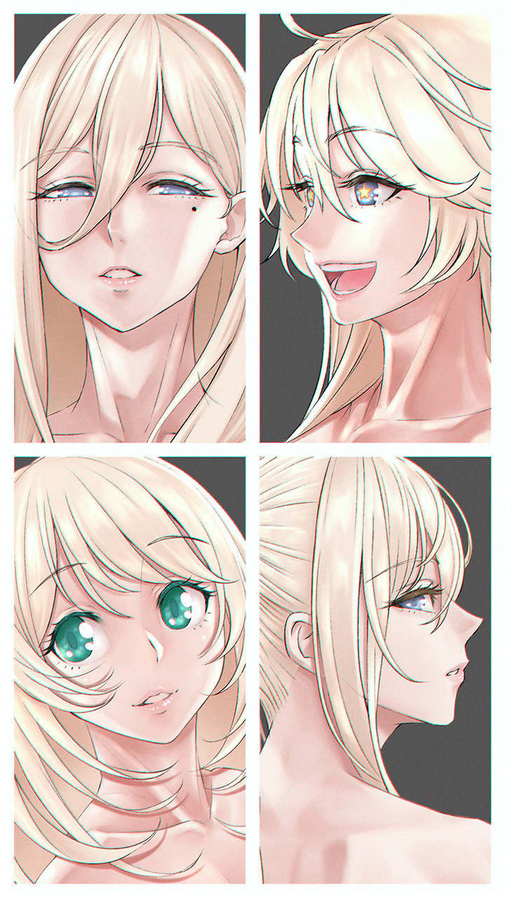 4girls atago_(kancolle) blonde_hair blue_eyes collarbone eyelashes graf_zeppelin_(kancolle) green_eyes hair_between_eyes highres iowa_(kancolle) kantai_collection lips long_hair mole mole_under_eye multiple_girls nude open_mouth parted_lips portrait richelieu_(kancolle) simple_background star-shaped_pupils star_(symbol) symbol-shaped_pupils yuichi_(sp_sakura_yoshi)