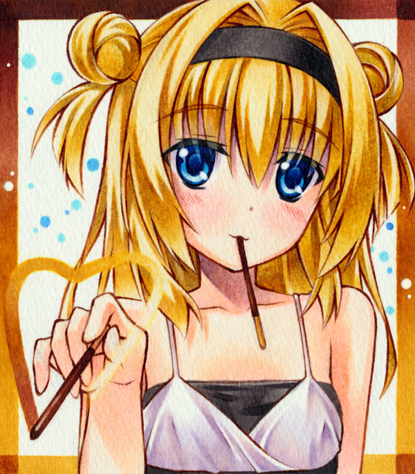 1girl bare_shoulders black_hairband blonde_hair blue_eyes blush border chitose_sana closed_mouth collarbone commentary double_bun dress eyes_visible_through_hair food food_in_mouth hair_between_eyes hair_bun hair_intakes hairband hand_up heart heart_of_string holding holding_food holding_pocky long_hair looking_at_viewer marker_(medium) orange_border outside_border pocky pocky_day pocky_in_mouth simple_background sleeveless sleeveless_dress smile solo spaghetti_strap tenshinranman traditional_media two_side_up upper_body white_background white_dress yuto_takumi