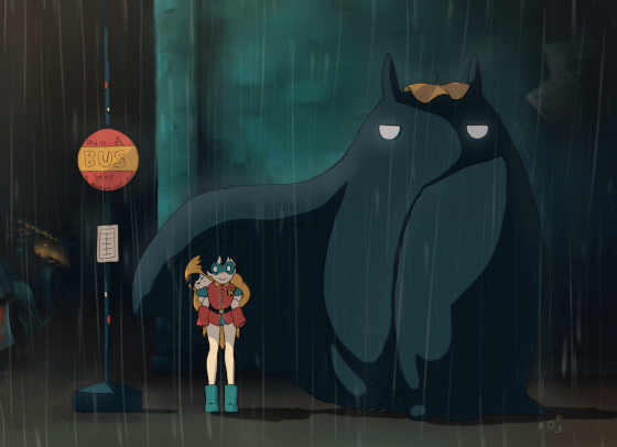3boys animated animated_gif batman batman_(series) black_hair brothers bus_stop bus_stop_sign cape carrying cosplay dc_comics dick_grayson domino_mask eye_mask impyssadobsessions jason_todd mask multiple_boys parody piggyback rain robin_(dc) siblings superhero_costume taking_shelter tonari_no_totoro totoro totoro_(cosplay) totoro_bus_stop yellow_cape