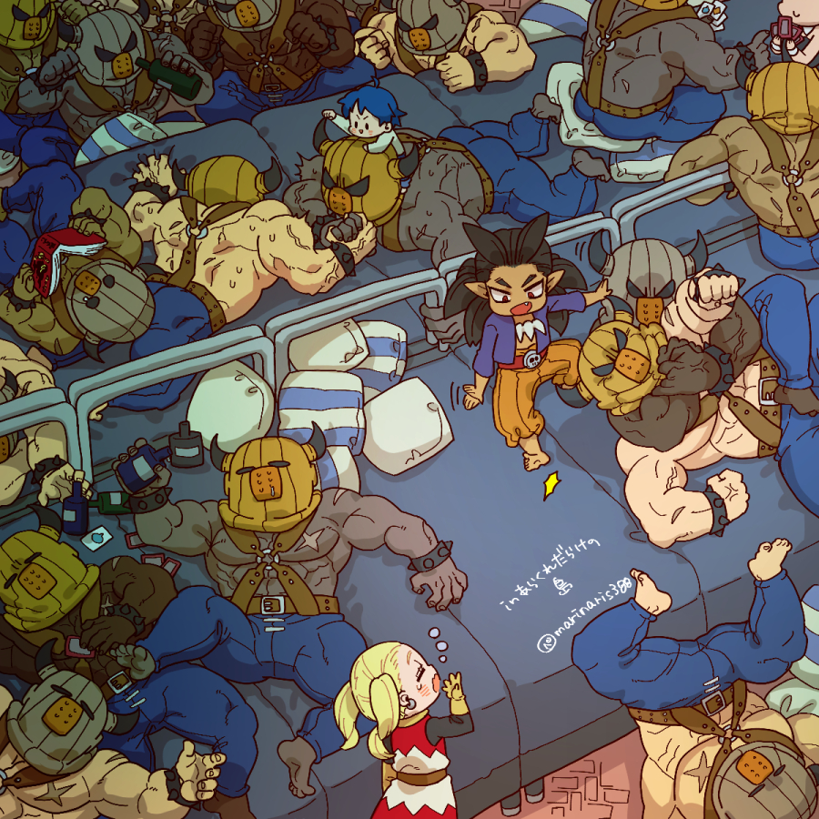 1girl 6+boys abs afterimage arm_wrestling barefoot bed_sheet belt blonde_hair blue_hair blue_pants book bottle bracelet brown_hair card child clenched_hand closed_eyes commentary_request cross_scar dark-skinned_male dark_skin dragon_quest dragon_quest_builders_2 dress earrings fang female_builder_(dqb2) gloves hair_horns hair_pulled_back harness headlock holding holding_book holding_bottle hoop_earrings horned_mask jewelry kasiwamoti11 looking_at_another low_ponytail lying mask masshimo_(dqb2) miruzu_(dqb2) motion_lines multiple_boys muscular muscular_male neckerchief necklace o-ring o-ring_harness on_back on_bed open_clothes open_mouth open_shirt orange_pants pants patting pillow playing_card pointy_ears ponytail profile purple_shirt pushing_away reading red_belt red_eyes scar scar_on_arm scar_on_chest sheet_grab shirt sidoh_(dqb2) silver_earrings sitting skull_belt spiked_bracelet spiked_hair spikes sweatdrop tan tooth_necklace translation_request twintails twitter_username veins veiny_arms yawning yellow_gloves yellow_neckerchief