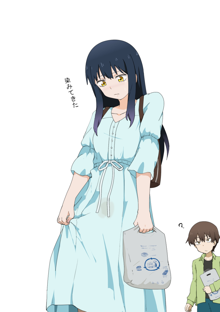 1boy 1girl ? adjusting_clothes backpack bag black_hair black_shirt blue_dress blush brother_and_sister brown_bag brown_eyes brown_hair confused dress embarrassed gobanme_no_mayoi_neko green_jacket highres jacket long_dress long_hair mieruko-chan pee pee_stain peed_self peeing peeing_self shirt siblings small_sweatdrop stained_clothes tearing_up yellow_eyes yotsuya_kyousuke yotsuya_miko