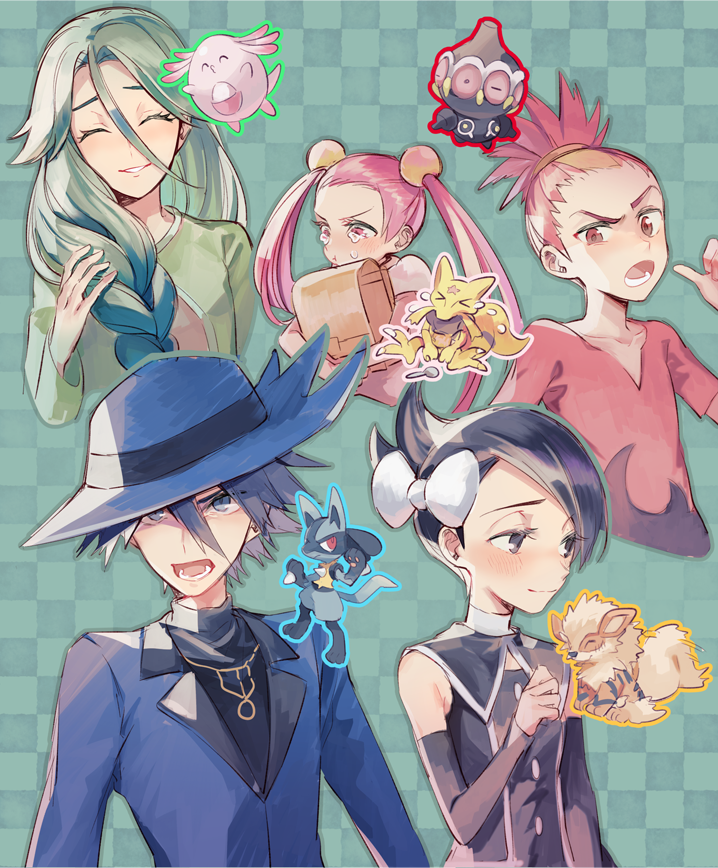 &gt;_&lt; 2boys 3girls arcanine black_hair black_shirt blue_headwear blue_jacket blush braid buck_(pokemon) chansey cheryl_(pokemon) chinese_commentary claydol closed_eyes closed_mouth commentary_request crying eyelashes flying_teardrops gen_1_pokemon gen_3_pokemon gen_4_pokemon green_hair green_jacket hair_between_eyes hair_over_shoulder hand_up hat holding huan_li jacket kadabra long_hair long_sleeves lower_teeth_only lucario marley_(pokemon) mira_(pokemon) multiple_boys multiple_girls nintendo open_mouth outline parted_lips pink_hair pokemon pokemon_(creature) pokemon_dppt ponytail red_hair riley_(pokemon) shirt short_hair single_braid smile spiked_hair spoon tears teeth tongue twintails