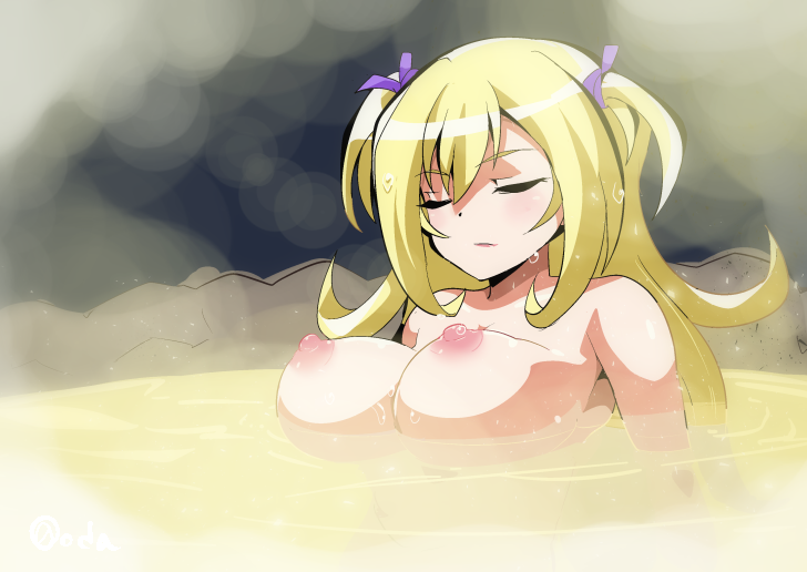 1girl ake_no_hoshi_no_elise battle_spirits blonde_hair blush breasts closed_eyes closed_mouth female_focus floating_breasts large_breasts light_blush long_hair nipples nude oda_koziki onsen partially_submerged saikyou_ginga_ultimate_zero_~battle_spirits~ signature sitting solo steam twintails upper_body water wet