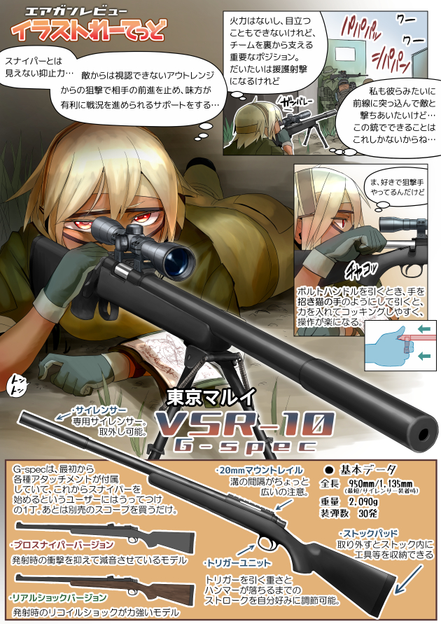 1girl 2boys airsoft airsoft_gun airsoft_review_illustrated anti-materiel_rifle armor ass assault_rifle bipod blonde_hair body_armor bolt-action_rifle bolt_action breasts bulletproof_vest colt&#039;s_manufacturing_company diagram didloaded earmuffs eye_protectors gun hat information_sheet japanese_text long_gun m16 military military_uniform multiple_boys original red_eyes remington_arms remington_model_700 rifle safety_glasses scope sight_(weapon) sniper_rifle suppressor suppressor_focus suppressor_name suppressor_profile telescopic_sight text_focus tokyo_marui toy_gun translation_request vsr-10 vsr-10_g-spec weapon weapon_focus weapon_name weapon_profile