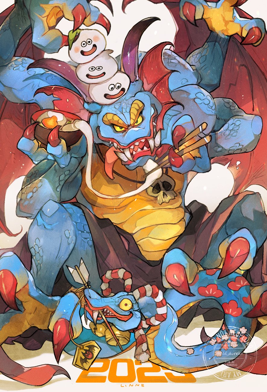 1boy 1other 2025 anniversary arrow_(projectile) bat_wings bell blue_scales bowl chinese_zodiac chopsticks claws colored_sclera commentary_request dragon dragon_quest dragon_quest_ii extra_arms fangs fins food_request head_fins highres holding holding_bowl holding_chopsticks horns jewelry linne_(hld_doreko) looking_at_viewer male_focus monster monster_focus necklace no_humans purple_horns sharp_teeth sidoh skull_necklace slime_(dragon_quest) small_pupils snake_head_tail solo_focus tail teeth tongue tongue_out torn_wings wings year_of_the_snake yellow_sclera