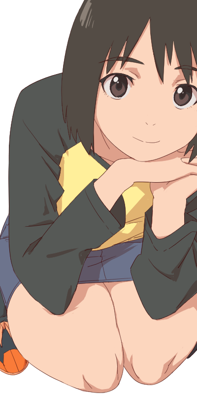 1girl aonori_misuji black_hair black_shirt black_shoes blue_skirt bob_cut breasts brown_eyes closed_mouth collarbone commentary denim denim_skirt hands_on_own_face head_tilt kneeling leaning_forward light_smile long_sleeves looking_at_viewer nakahara_misaki nhk_ni_youkoso! on_ground orange_shoes own_hands_together raglan_sleeves shirt shoes short_hair simple_background skirt small_breasts smile sneakers solo two-tone_shirt white_background yellow_shirt