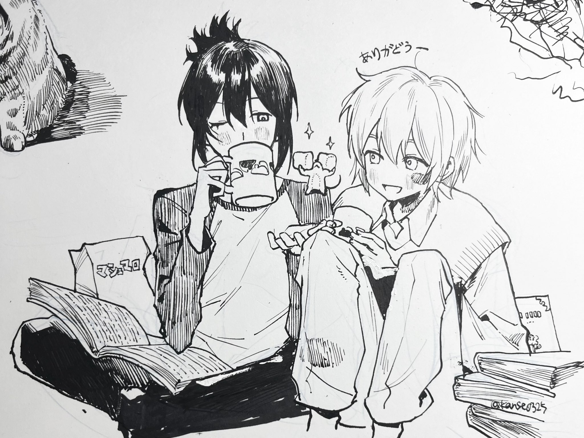 2boys animal animal_on_shoulder blush book book_stack coffee_mug collared_shirt cup drinking facing_viewer greyscale hair_between_eyes highres holding holding_cup indian_style kanse0325 long_sleeves looking_at_another male_focus medium_hair monochrome mouse_(animal) mug multiple_boys nezumi_(no.6) no.6 open_book open_mouth pants ponytail shion_(no.6) shirt short_hair short_ponytail sitting smile sugar_cube traditional_media vest