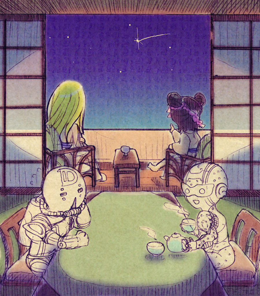 1boy 1girl bebe_(ad234_tenrou) black_hair couple crosshatching diver_down_(stand) double_bun green_hair hatching_(texture) jojo_no_kimyou_na_bouken kuujou_jolyne linear_hatching multicolored_hair narciso_anasui night night_sky pink_hair pointing porch shooting_star sitting sky sliding_doors stand_(jojo) steam stone_free stone_ocean table teapot two-tone_hair
