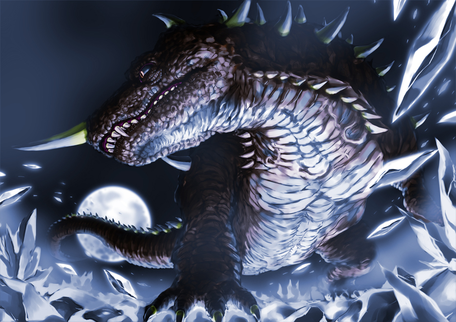 barugon daiei_motion_picture fangs full_moon gamera_(series) gamera_vs._barugon glowing glowing_eyes ice kaiju lizard moon night no_humans nurikabe_(mictlan-tecuhtli) orange_eyes spikes tail