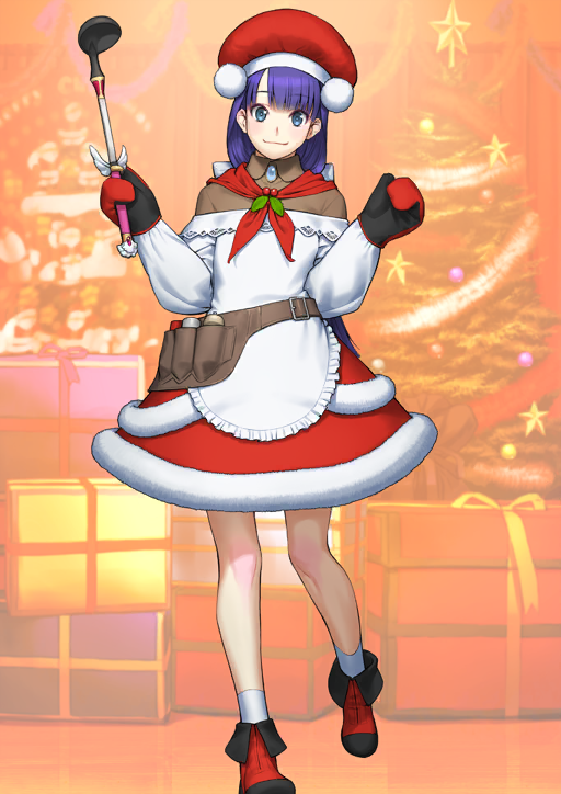 1girl apron bandana bandana_around_neck belt belt_pouch blue_brooch blue_eyes blush boots bow breasts brown_belt brown_shirt chef_hat christmas christmas_tree closed_mouth collared_shirt fate/grand_order fate_(series) fur-trimmed_skirt fur_trim game_cg hair_bow hands_up hat high_collar holding holding_ladle holly knee_blush ladle leg_up long_hair long_sleeves looking_at_viewer low-tied_long_hair martha_(fate) martha_(santa)_(fate) miniskirt off-shoulder_shirt off_shoulder official_art orange_background oven_mitts parted_bangs pom_pom_(clothes) pouch puffy_long_sleeves puffy_sleeves purple_hair red_bandana red_boots red_hat red_skirt sakamoto_mineji santa_costume shirt shirt_under_shirt skirt smile socks solo third-party_source white_apron white_bow white_shirt white_socks wing_collar