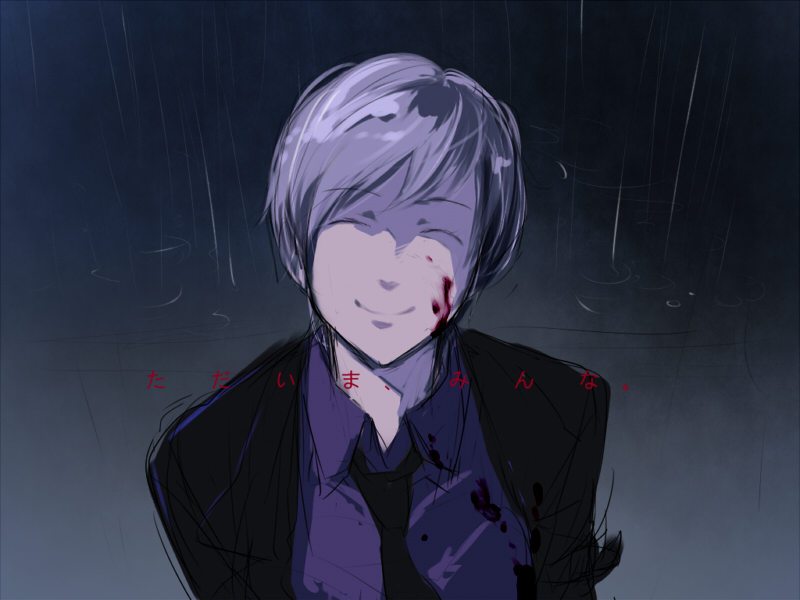1girl black_jacket black_necktie blood blood_on_clothes blood_on_face closed_eyes closed_mouth collared_shirt dark_background evil_smile foreground_text formal_clothes grey_hair jacket leaning_forward necktie open_clothes open_jacket purple_shirt rain reichi shaded_face shirt short_hair smile solo suit swept_bangs umineko_no_naku_koro_ni upper_body ushiromiya_kyrie