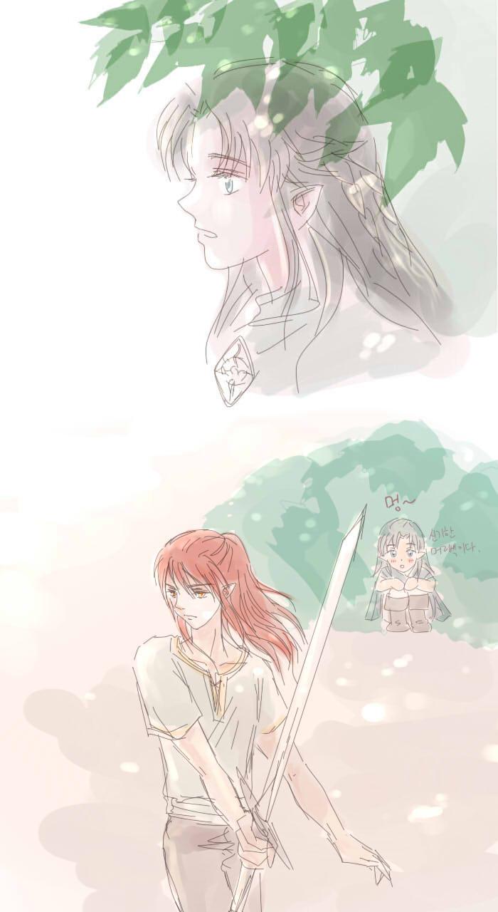 2boys blush braid cape closed_mouth collarbone cousins eyebrows_hidden_by_hair eyelashes fingon highres holding holding_sword holding_weapon maedhros male_focus mintkim multiple_boys pointy_ears red_hair sitting standing sword the_silmarillion tolkien&#039;s_legendarium weapon