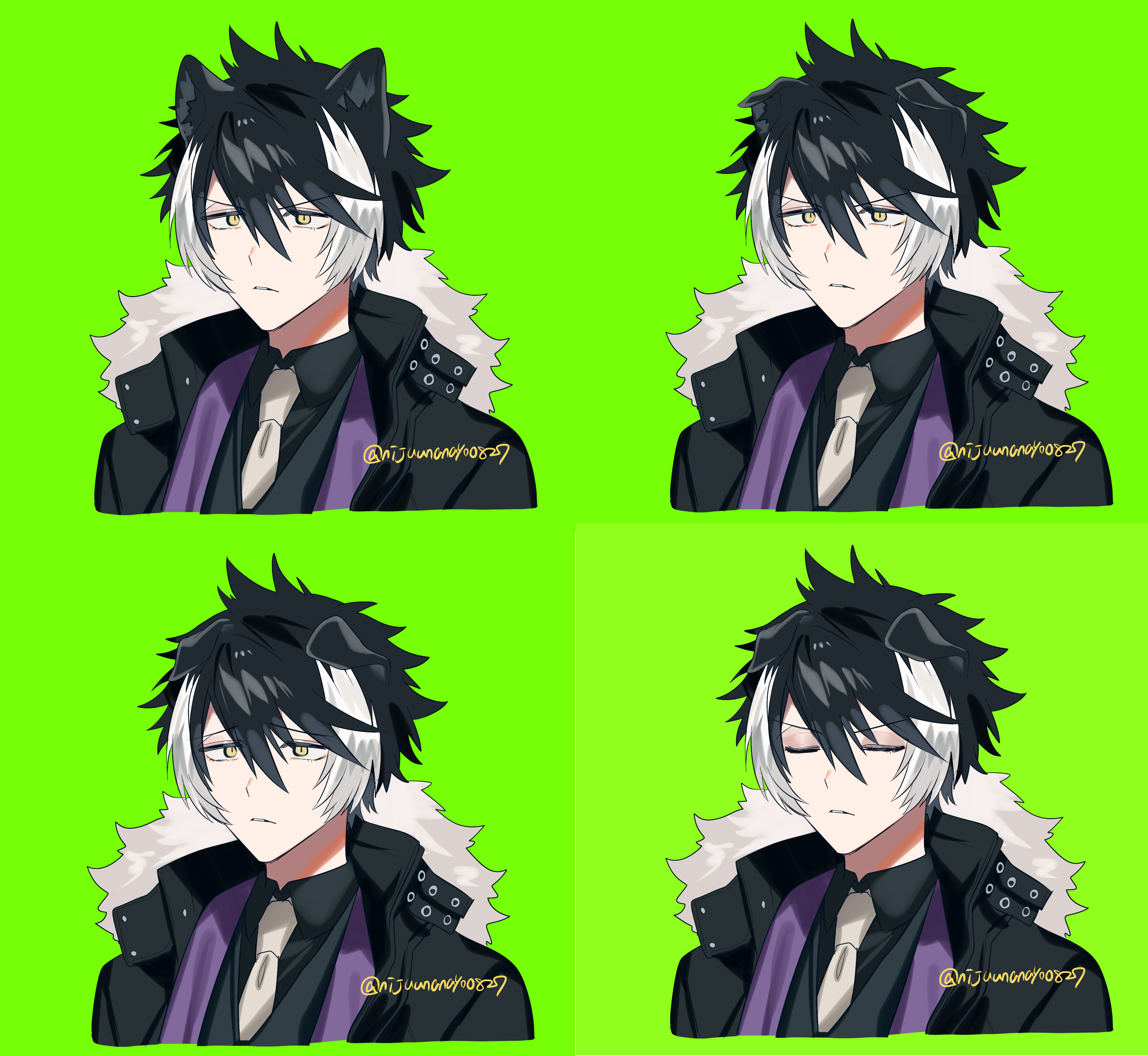 1boy animal_ear_fluff animal_ears black_hair black_jacket black_shirt closed_eyes collared_shirt cropped_torso ears_down fur-trimmed_jacket fur_trim green_background grey_necktie hair_between_eyes highres holostars jacket kageyama_shien male_focus multicolored_hair multiple_views necktie ninahachi open_clothes open_jacket parted_lips shirt simple_background streaked_hair twitter_username upper_body v-shaped_eyebrows virtual_youtuber white_hair yellow_eyes