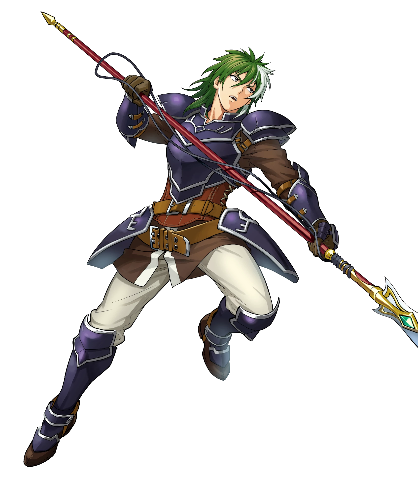 1boy armor belt boots fire_emblem fire_emblem:_the_blazing_blade fire_emblem_heroes full_body gloves green_eyes green_hair heath_(fire_emblem) highres long_hair male_focus multicolored_hair nintendo official_art open_mouth polearm solo spear teeth transparent_background two-tone_hair weapon white_hair