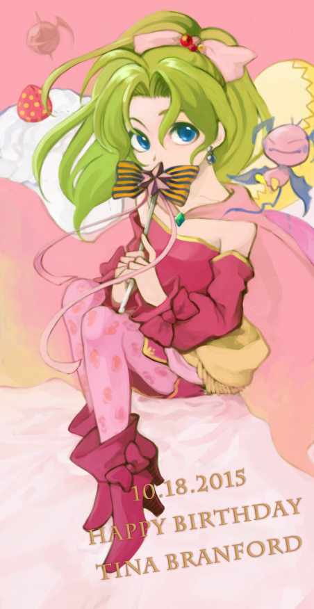 1girl blue_eyes bow cape dated earrings final_fantasy final_fantasy_vi hair_bow happy_birthday high_heels holding holding_wand jewelry kiyoshi_(panap23) looking_at_viewer pantyhose pink_bow pink_cape pink_pantyhose ponytail red_shirt red_shoes shirt shoes sitting tina_branford wand