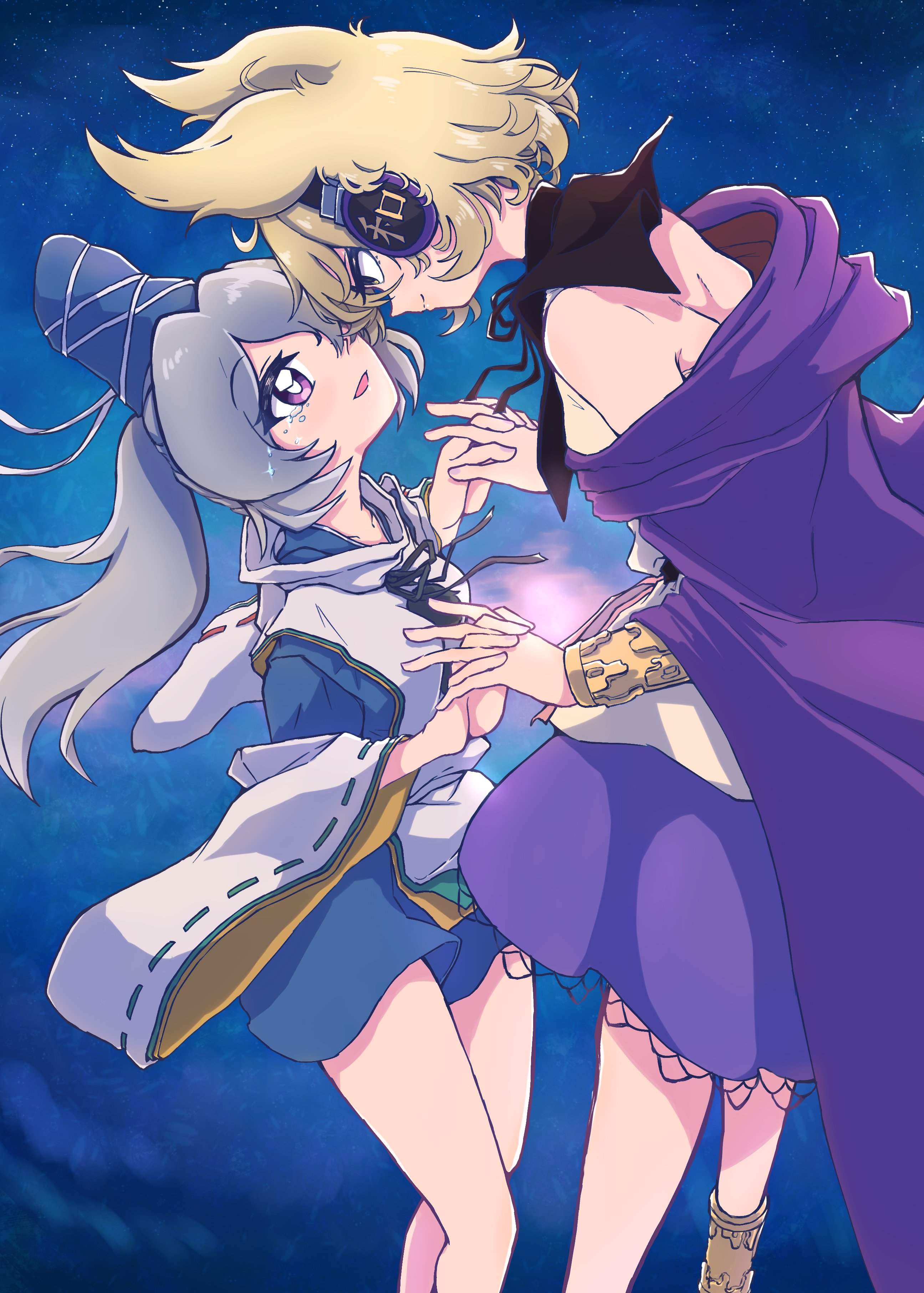2girls absurdres black_sailor_collar black_skirt blue_background brown_hair cape closed_mouth commentary earmuffs grey_hair gurajio heart heart-shaped_pupils highres holding_hands japanese_clothes kariginu long_hair long_sleeves looking_at_another mononobe_no_futo multiple_girls pointy_hair ponytail purple_cape purple_eyes purple_skirt ribbon-trimmed_sleeves ribbon_trim sailor_collar short_hair skirt symbol-shaped_pupils touhou toyosatomimi_no_miko wide_sleeves yuri