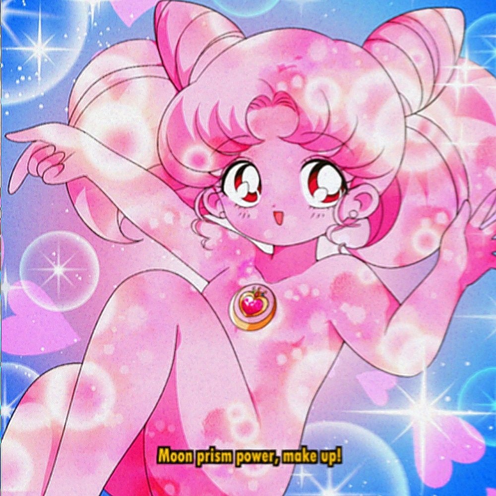 1990s_(style) bad_id bad_twitter_id bishie_sparkle bishoujo_senshi_sailor_moon blue_background brooch chibi_usa commentary completely_nude cone_hair_bun dot_nose double_bun english_commentary english_text eyelashes fake_screenshot faux_retro_artstyle feet_out_of_frame finger_gun hair_bun happy heart heart_brooch honeymoonpetal jewelry light_blush looking_at_viewer nude official_style open_mouth outstretched_arm parted_bangs pink_hair red_eyes retro_artstyle short_hair short_twintails smile sparkle tareme transformation twintails