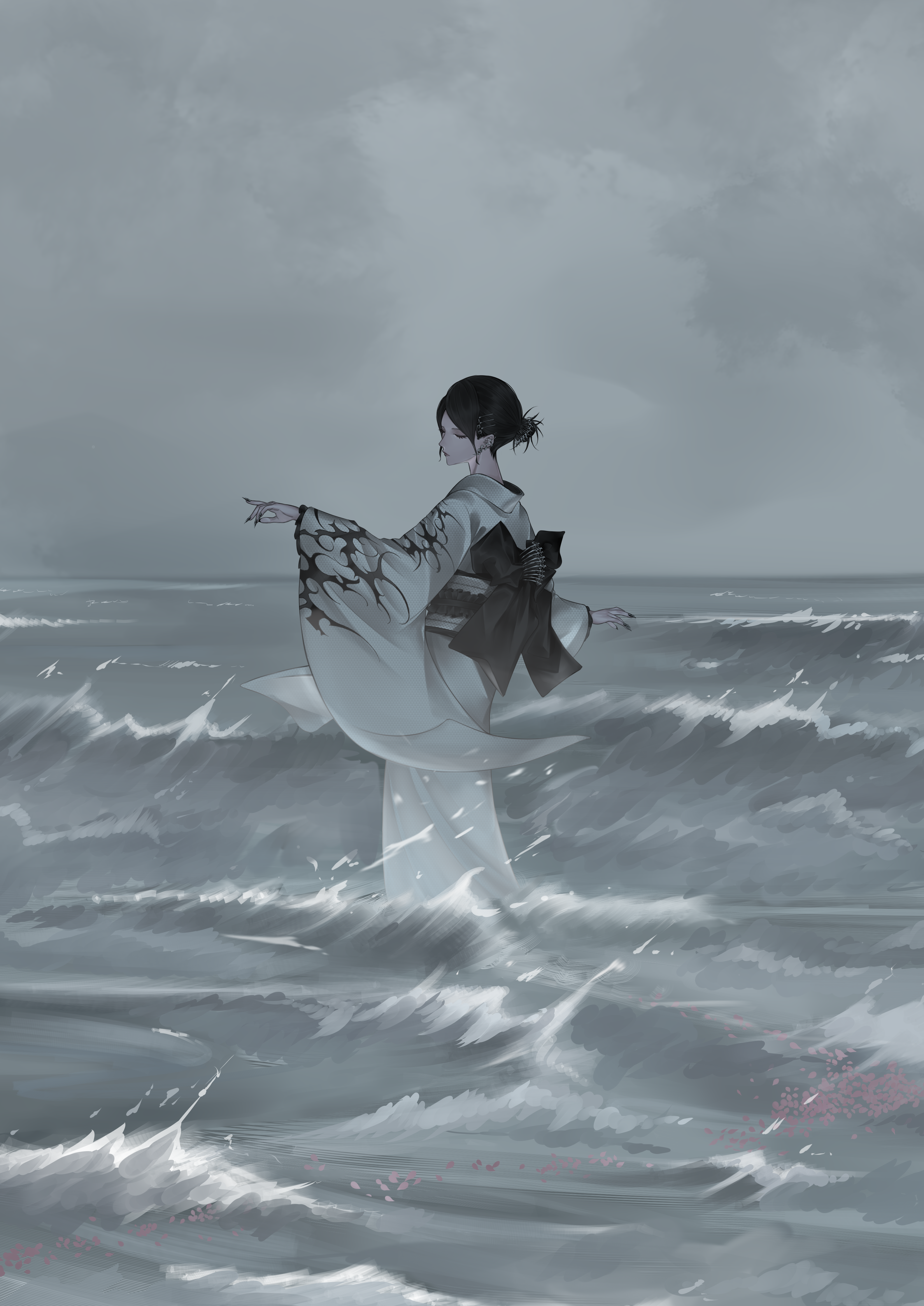 1girl absurdres black_hair black_nails closed_eyes earrings hair_bun hair_ornament hairpin highres in_water japanese_clothes jewelry kimono mano_aaa multiple_hairpins original outdoors outstretched_arms scenery sky standing water