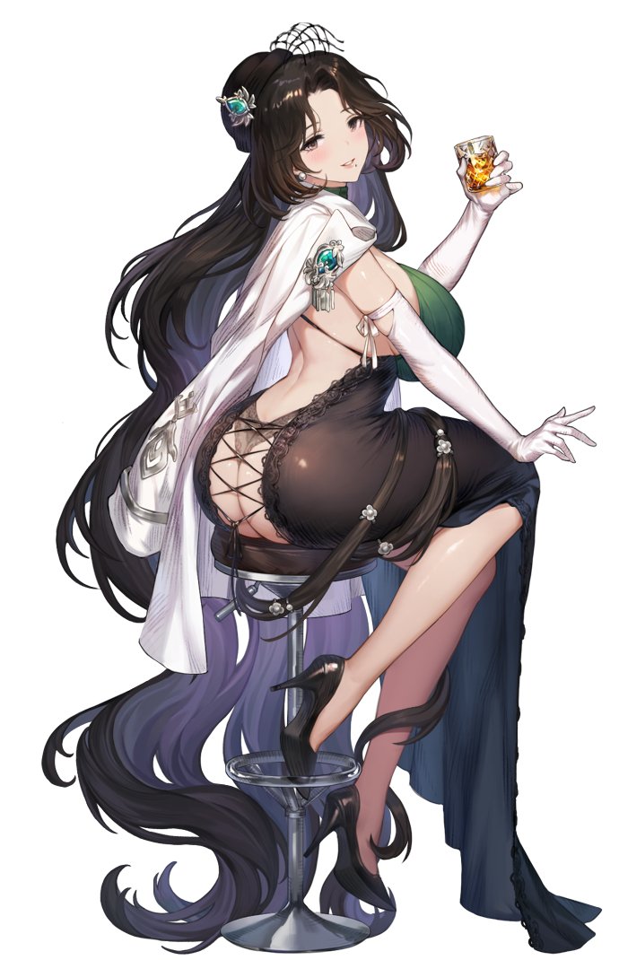 1girl alcohol artist_request ass ass_cutout backless_dress backless_outfit bar_stool black_dress black_footwear black_hair blush breasts brown_dust_(series) brown_dust_2 brown_eyes brown_hair clothing_cutout cup diana_(brown_dust) dress earrings elbow_gloves eyebrows_hidden_by_hair fishnet_fabric from_side full_body gem gloves green_dress hat high_heels holding holding_cup huge_breasts jacket jacket_on_shoulders jewelry large_breasts lips long_hair looking_at_viewer mini_hat mole mole_under_mouth official_art panties pearl_earrings second-party_source sideboob simple_background solo stiletto_heels stool two-tone_dress underwear very_long_hair whiskey white_background white_gloves white_jacket