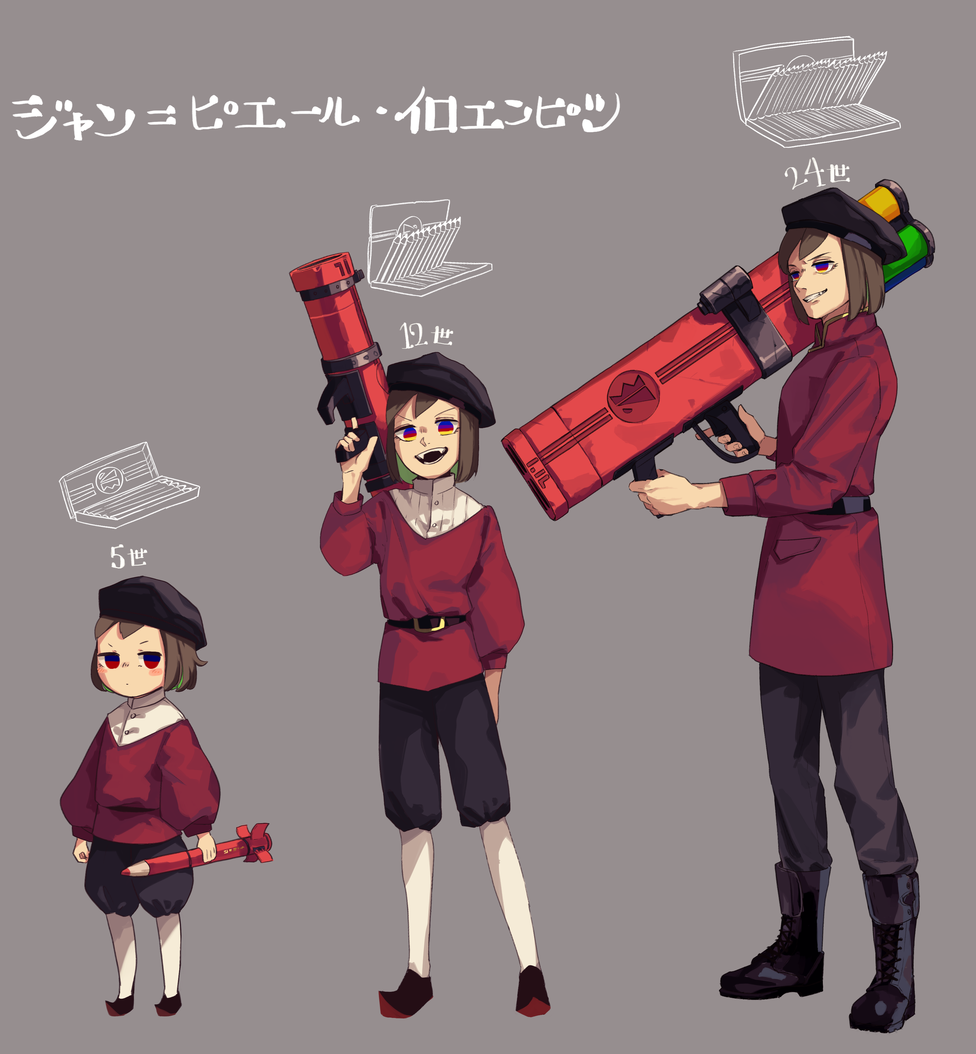 1boy :o absurdres age_progression belt belt_buckle beret black_belt black_boots black_hat black_shoes black_shorts blunt_ends blush_stickers boots brown_hair buckle buttons child coat collared_coat collared_shirt colored_inner_hair colored_pencil colored_pencils_(paper_mario) commentary_request dress_shirt fangs furrowed_brow gold_buckle green_hair grey_background grey_pants grin hat high_collar highres holding_cannon holding_missile huge_weapon lace-up_boots long_hair long_sleeves looking_at_viewer male_focus mario_(series) medium_hair multicolored_eyes multicolored_hair mumumu57hiro nintendo object_and_personification pants pantyhose paper_mario paper_mario:_the_origami_king parted_lips pencil pencil_case personification pocket pointy_footwear puffy_long_sleeves puffy_shorts puffy_sleeves red_coat red_tunic shirt shoes short_hair shorts simple_background sleeve_cuffs smile teeth translation_request tunic very_long_hair weapon white_pantyhose white_shirt