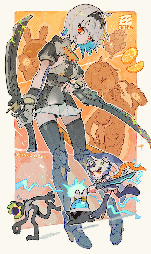 1girl ahoge anby_demara anby_demara_(silver_soldier) bangboo_(zenless_zone_zero) black_hairband black_thighhighs blue_hair breasts can chasing colored_inner_hair commentary drink_can dual_wielding electricity ethereal_(zenless_zone_zero) fleeing food fruit full_body hairband holding holding_sword holding_weapon looking_at_viewer multicolored_hair orange_(fruit) orange_eyes orange_slice pleated_skirt plugboo_(zenless_zone_zero) serious short_hair short_sleeves sideboob skirt sword thighhighs twitter_username ushinoki weapon white_skirt zenless_zone_zero