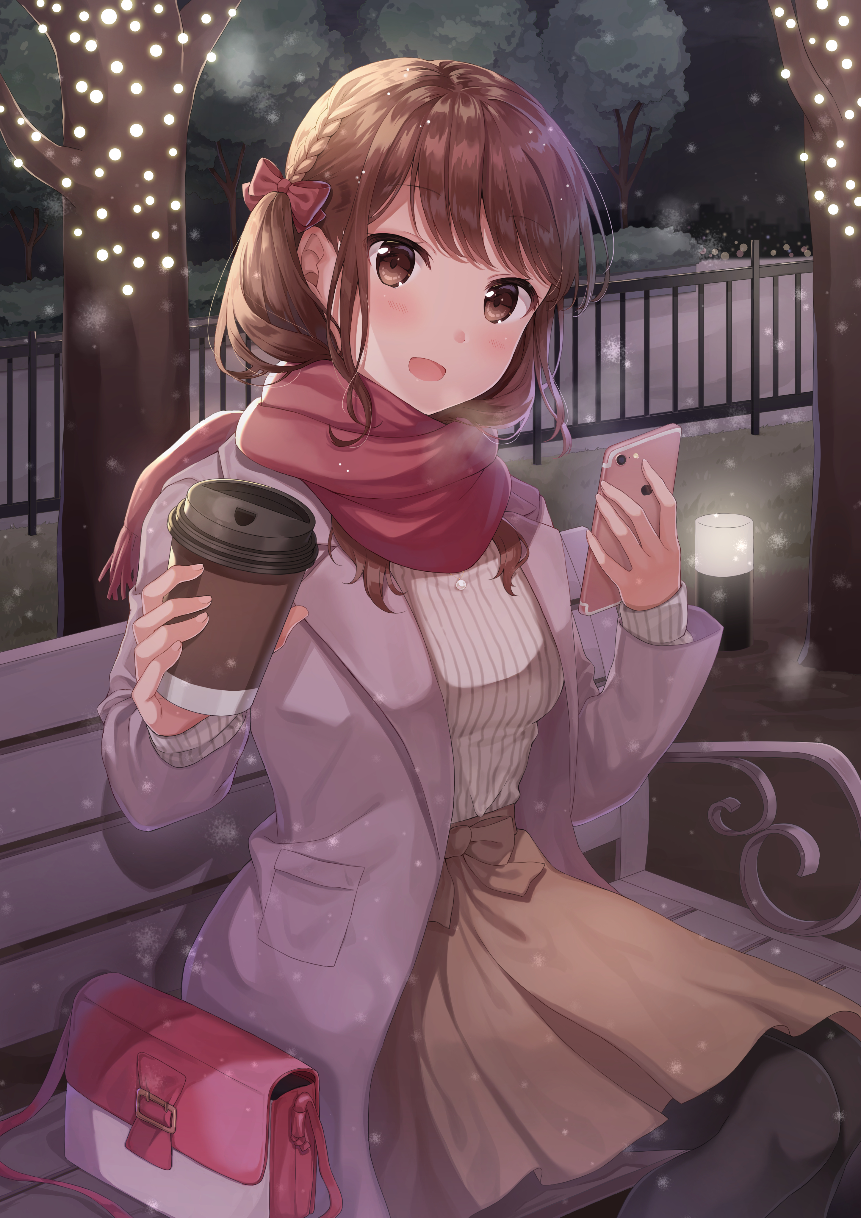 1girl absurdres bad_id bad_pixiv_id bag bench black_pantyhose blush braid brown_eyes brown_hair brown_skirt cellphone commentary_request cup disposable_coffee_cup disposable_cup female_focus hair_between_eyes hair_ribbon highres holding holding_cup holding_phone lavender_jacket long_sleeves looking_at_viewer night night_sky open_mouth original pantyhose phone red_ribbon red_scarf ribbon scarf shiono_(0303) shirt short_hair shoulder_bag sidelocks sitting skirt sky snowflakes solo striped_clothes striped_shirt swept_bangs tree