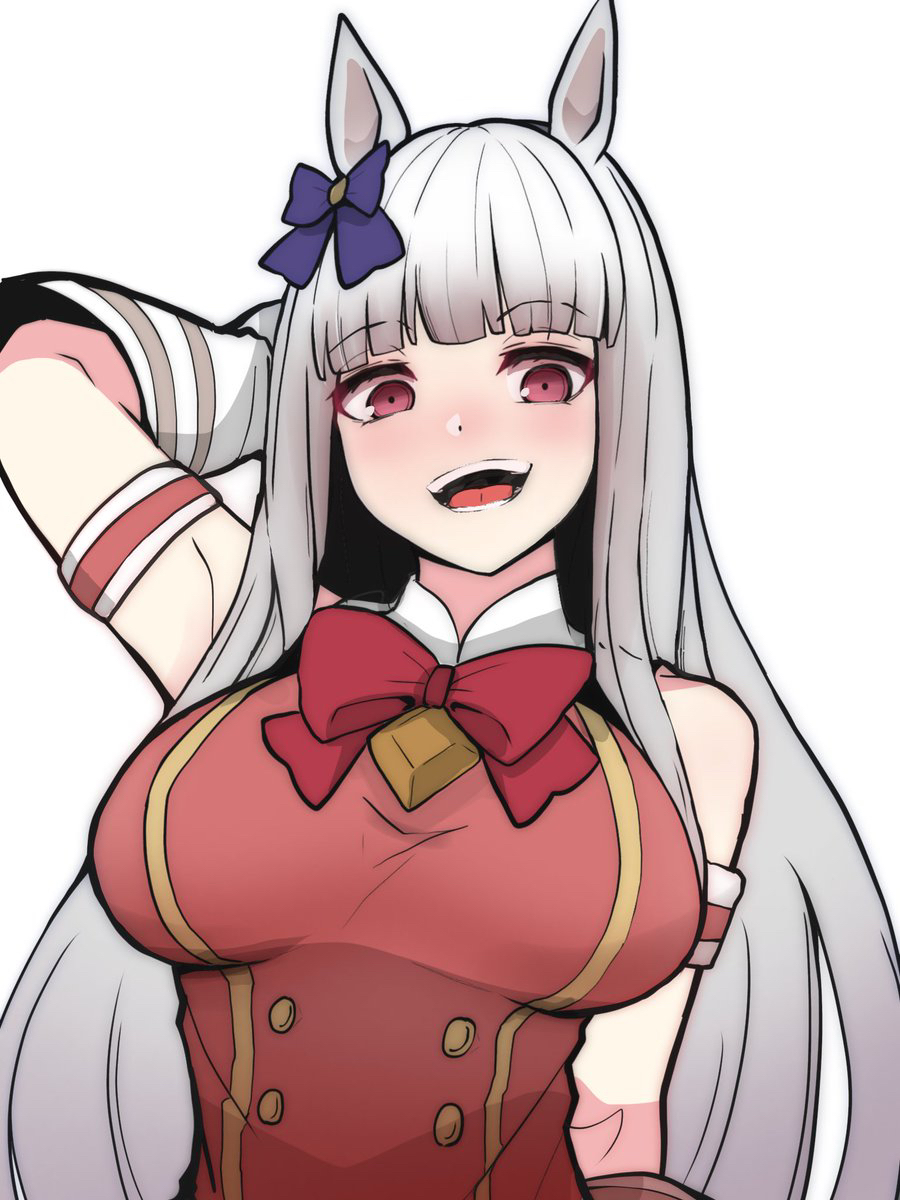 1girl animal_ears arm_behind_head arm_strap arm_up armpits blunt_bangs bow bowtie breasts dress ear_bow gloves gold_ship_(umamusume) highres horse_ears horse_girl kawamochi_(tddm3573) large_breasts long_hair looking_at_viewer open_mouth red_bow red_bowtie red_dress red_eyes simple_background sleeveless sleeveless_dress smile solo umamusume very_long_hair white_background white_gloves white_hair