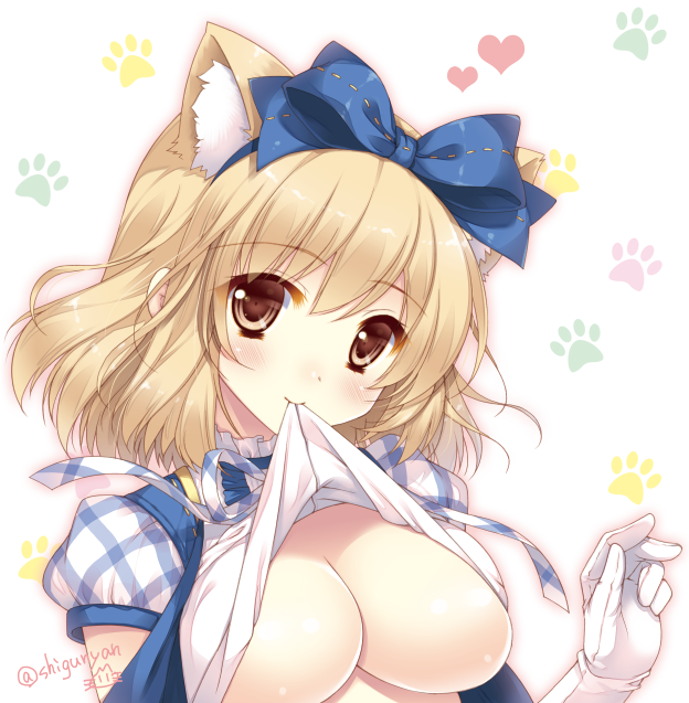 10s 1girl animal_ears artist_name blonde_hair blue_bow blush bow breasts brown_eyes cat_ears closed_mouth clothes_lift djeeta_(granblue_fantasy) elbow_gloves female_focus gloves granblue_fantasy hair_bow heart kemonomimi_mode kimi_to_boku_no_mirai lifting_own_clothes looking_at_viewer medium_breasts mouth_hold ribbon-trimmed_bow ribbon_trim shigunyan shiny_skin shirt_lift short_hair single_elbow_glove smile solo superstar_(granblue_fantasy) tareme twitter_username underboob upper_body white_gloves