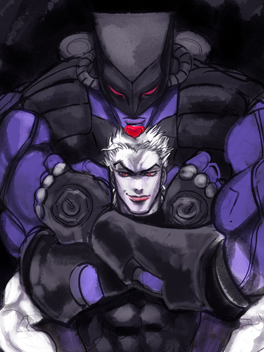 2boys alternate_color chin_rest dio_brando head_on_head head_rest jojo_no_kimyou_na_bouken lipstick makeup male_focus merumeru626 multiple_boys muscular muscular_male red_eyes shirt sleeveless sleeveless_turtleneck smirk stardust_crusaders the_world tight_clothes tight_shirt turtleneck