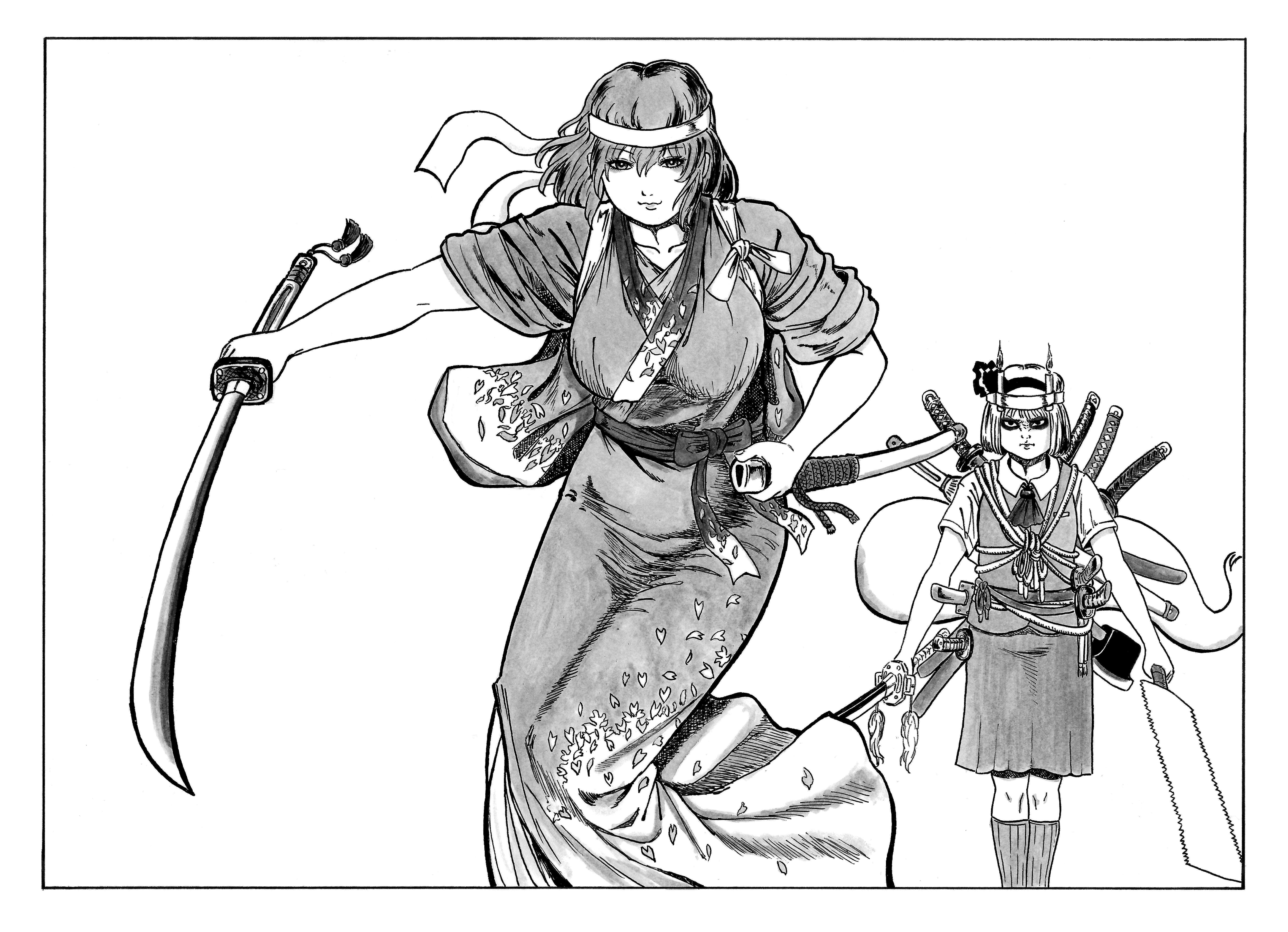 2girls absurdres axe breasts candle closed_mouth collared_shirt commentary_request feet_out_of_frame fire greyscale hair_between_eyes hair_ribbon hairband hashihime headband highres imori_(46296895) japanese_clothes japanese_saw kimono konpaku_youmu konpaku_youmu_(ghost) large_breasts looking_at_viewer monochrome multiple_girls petal_print retro_artstyle ribbon saigyouji_yuyuko saw scabbard sheath shirt short_hair smile socks touhou vest