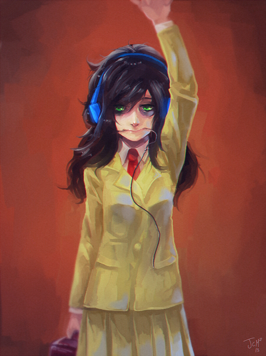 1girl arm_at_side arm_up artist_name bad_id bad_pixiv_id bag bags_under_eyes black_hair blazer breasts briefcase brown_bag cable cable_in_mouth collared_shirt commentary dated dress_shirt gradient_background green_eyes headphones highres holding holding_bag jacket jcm2 kuroki_tomoko long_hair long_sleeves messy_hair mouth_hold necktie orange_background pleated_skirt red_necktie school_briefcase school_uniform shirt skirt small_breasts solo standing swept_bangs unkempt unkempt_female v watashi_ga_motenai_no_wa_dou_kangaetemo_omaera_ga_warui! white_shirt yellow_jacket yellow_skirt