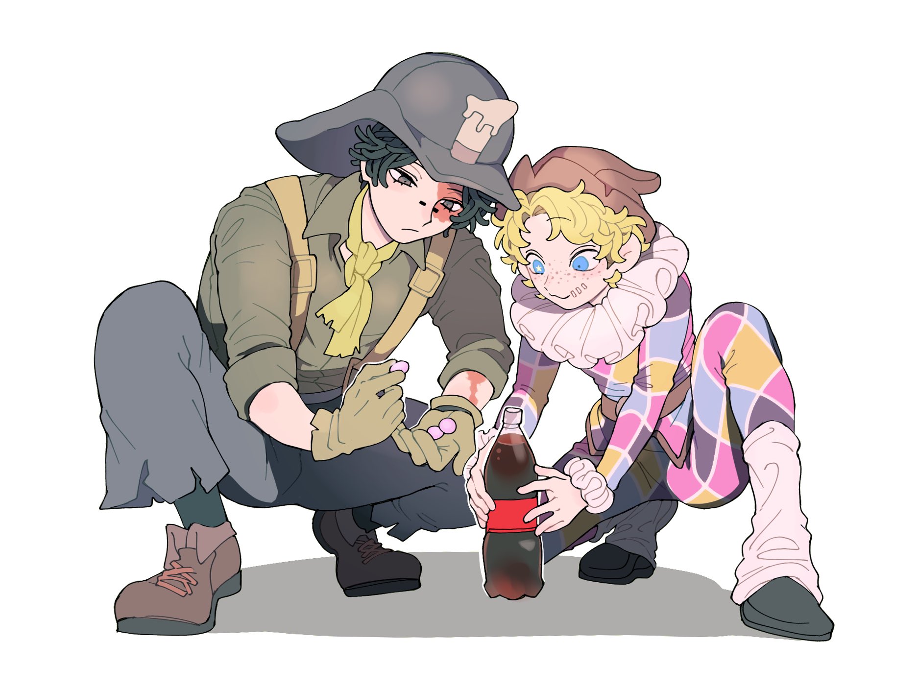 2boys :3 belt black_footwear black_hair blonde_hair blue_eyes bridge_piercing brown_belt brown_footwear brown_hat candy closed_mouth commentary curtained_hair diet_coke_and_mentos_(meme) food foreshortening full_body gloves green_gloves green_neckerchief green_socks grey_eyes grey_pants grey_shirt hat helmet highres holding holding_candy holding_food identity_v invisible_floor knee_up leg_warmers light_frown long_sleeves looking_at_object looking_down male_focus meme mentos mike_morton multicolored_pants multicolored_shirt multiple_boys neckerchief norton_campbell pants piercing shadow shirt shoes side-by-side three-quarter_sleeves socks soda_bottle squatting stitched_mouth stitches three_quarter_view tsuntenponten white_background white_leg_warmers