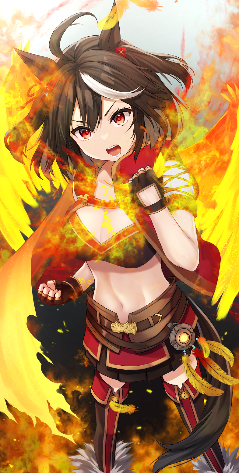 1girl alternate_costume animal_ears belt black_background black_hair black_skirt black_sports_bra breasts brown_belt cleavage clenched_hands commentary_request cosplay cropped_jacket cross-laced_clothes cross-laced_sleeves double-parted_bangs falling_feathers feathers feet_out_of_frame fiery_wings glowing glowing_wings gradient_background hair_between_eyes hair_ornament hair_ribbon hand_up highres holding holding_feather horse_ears horse_girl horse_tail jacket kitasan_black_(umamusume) large_breasts looking_ahead merxkialis midriff multicolored_hair navel open_clothes open_jacket open_mouth phoenix_feather phoenix_wings pleated_skirt puffy_short_sleeves puffy_sleeves red_eyes red_jacket red_ribbon red_thighhighs ribbon short_hair short_sleeves skirt solo sports_bra standing stomach streaked_hair tail teeth thighhighs tokai_teio_(beyond_the_horizon)_(umamusume) tokai_teio_(umamusume) tokai_teio_(umamusume)_(cosplay) two-tone_hair two_side_up umamusume v-shaped_eyebrows white_background white_hair wings