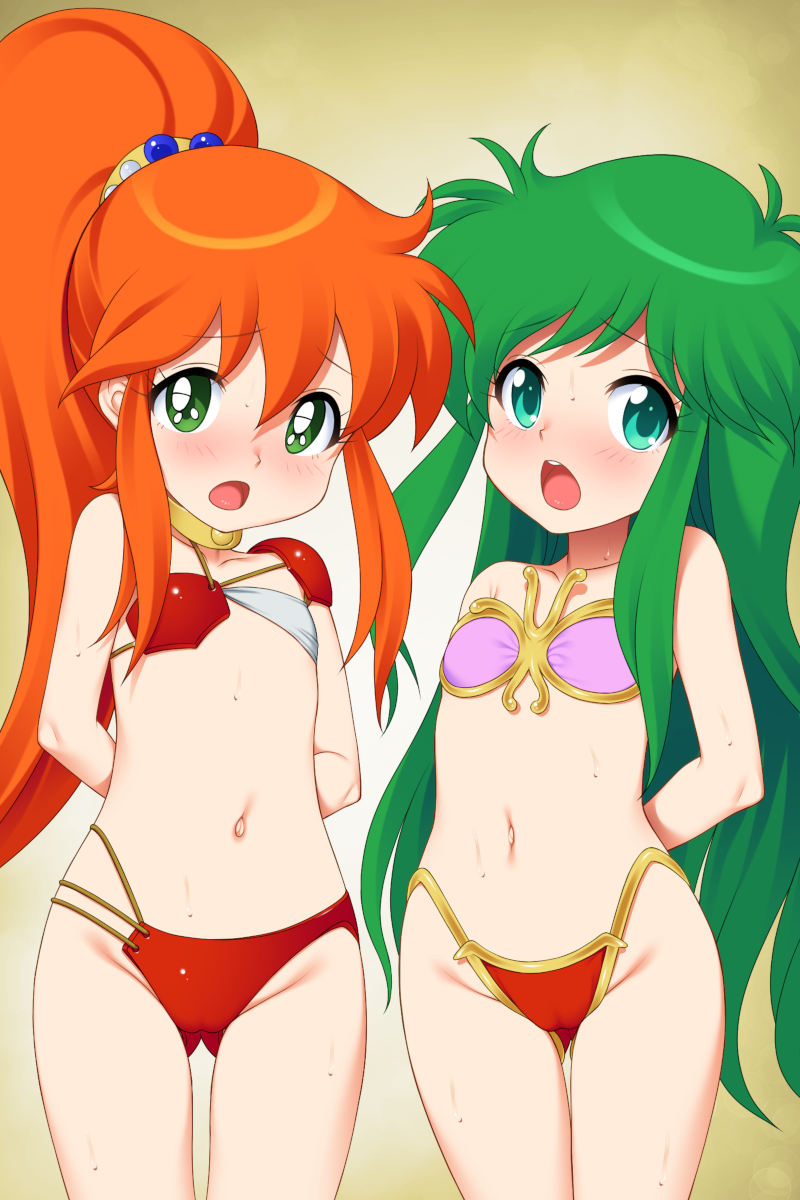 2girls armor arms_behind_back ayanokouji_rem bare_shoulders bikini bikini_armor blush breasts cameltoe caron_(rall) commission commissioner_upload crossover dream_hunter_rem fugetsu_taku gluteal_fold green_eyes green_hair groin highleg highleg_bikini highres long_hair multiple_girls navel open_mouth orange_hair pink_bikini red_bikini sf_choujigen_densetsu_rall skeb_commission small_breasts stomach swimsuit thigh_gap thighs trait_connection very_long_hair