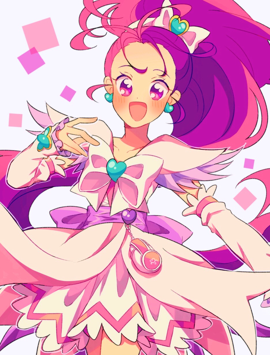 1girl aqua_brooch back_bow blush bow bowtie brooch collarbone cowboy_shot cure_egret dot_nose dress earrings eyelashes feather-trimmed_sleeves floating_clothes floating_hair forehead frilled_arm_warmers frilled_skirt frills futari_wa_precure_splash_star grey_background hair_bow hair_ornament hairband heart heart_brooch heart_earrings heart_hair_ornament high_ponytail highres jewelry long_hair magical_girl miniskirt mishou_mai nachuchoco open_mouth outstretched_hand pleated_skirt ponytail precure purple_bow purple_eyes purple_hair short_dress short_sleeves skirt skirt_under_dress smile solo square standing tareme very_long_hair waist_bag white_arm_warmers white_bag white_bow white_bowtie white_dress white_hairband white_skirt