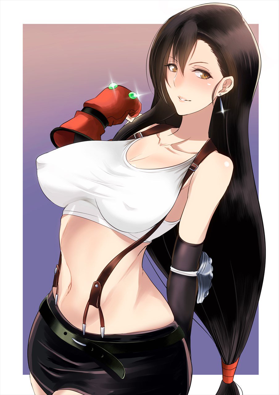 1girl belt black_belt black_hair black_skirt breasts brown_eyes cleavage commentary_request covered_erect_nipples crop_top earrings elbow_pads final_fantasy final_fantasy_vii fingerless_gloves glint gloves highres jewelry kawabata_yoshihiro large_breasts long_hair low-tied_long_hair miniskirt red_gloves skirt smile solo sports_bra suspenders tifa_lockhart very_long_hair white_sports_bra